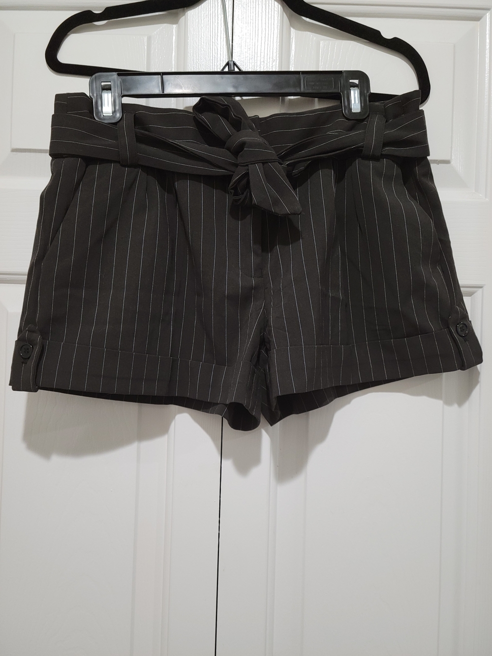 Black High-Waist Pinstripe Paperbag Shorts w/ Belt